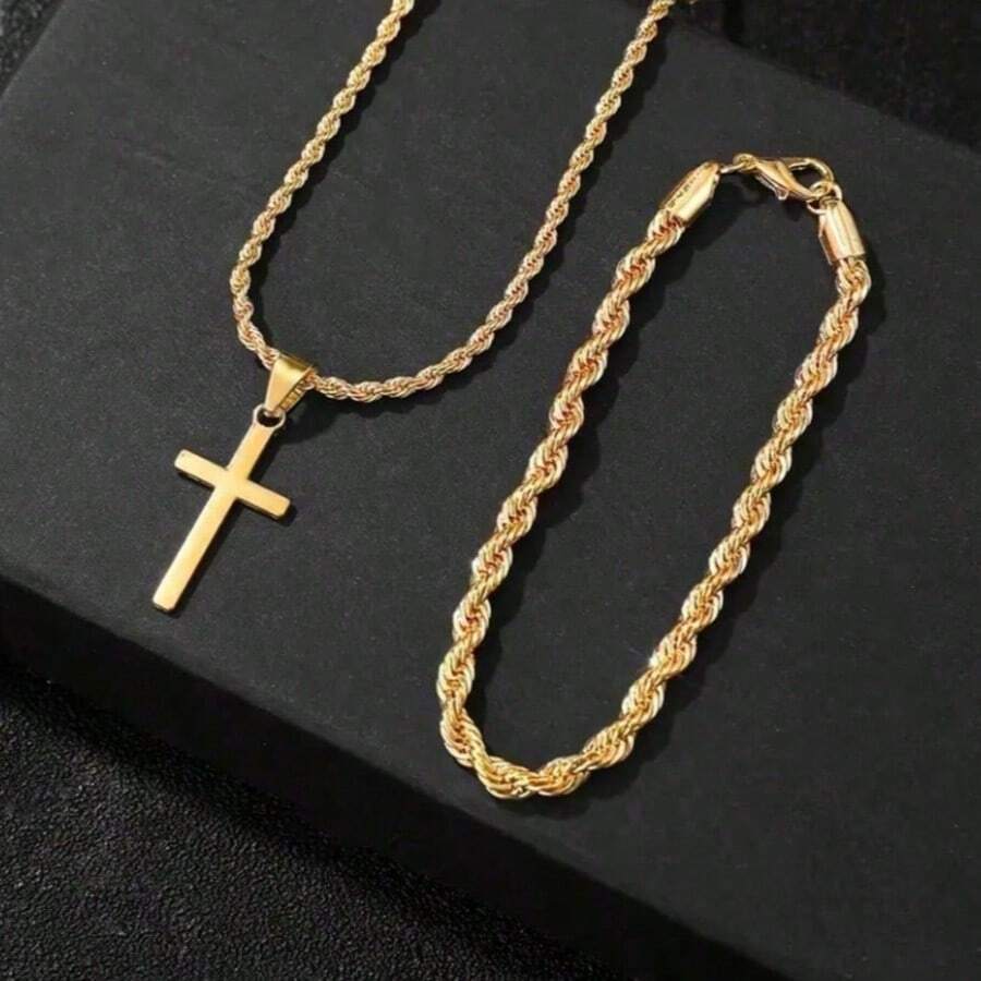2 Pieces Men's Minimalist Casual Cross Jewelry Set - Stylish Necklace And Bracelet Combo, Year-Round Men's Essential Accessory - Multicolor - View 1