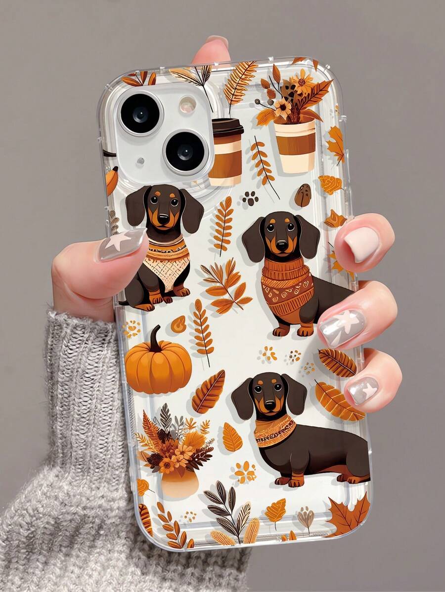 1pc Cute Autumn Puppy & Pumpkin Leaf Pattern Transparent TPU Air Cushion Shockproof Phone Case Compatible With IPhone 16/16 Pro/16 Plus/15/15 Pro Max/15 Pro/11/12/13/14 Pro Max/12 Mini/13 Mini/11 Pro/11 Pro Max/12 Pro/12 Pro Max/13 Pro/13 Pro Max/14 Pro/14 Pro Max Soft Shell Premium Feel - Multicolor - View 1
