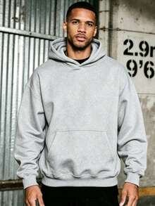 Men's Black Solid Color Drop Shoulder Long Sleeve Drawstring Pocket Casual Hoodie,Autumn/Winter,Suitable For Work, Daily Office Sports,And As A Gift - 灰色 - 查看 6
