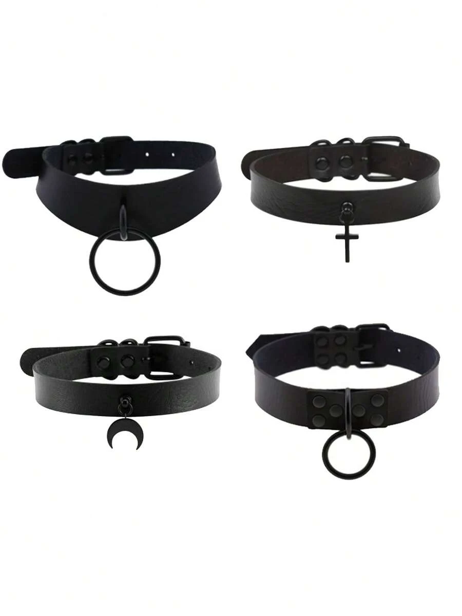 1/4 Pcs Gothic Punk Emo Black Moon Choker Collar, PU Leather Necklace ...