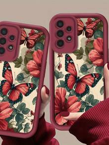 1pc Vintage Red Flower & Butterfly Pattern Phone Case With Burgundy Rice-Grain Texture, Burgundy Leather Frame Shockproof Soft TPU Protective Cover, Compatible With GALAXY, HONOR, Phones - Burgundy - View 4