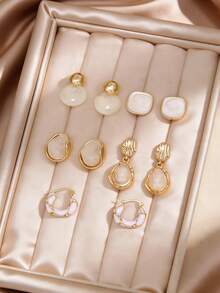 5 Pairs Multi-Style Cream White Resin Stud Earrings Set, Lightweight Vintage Versatile Wearable Accessories - Multicolor - View 8