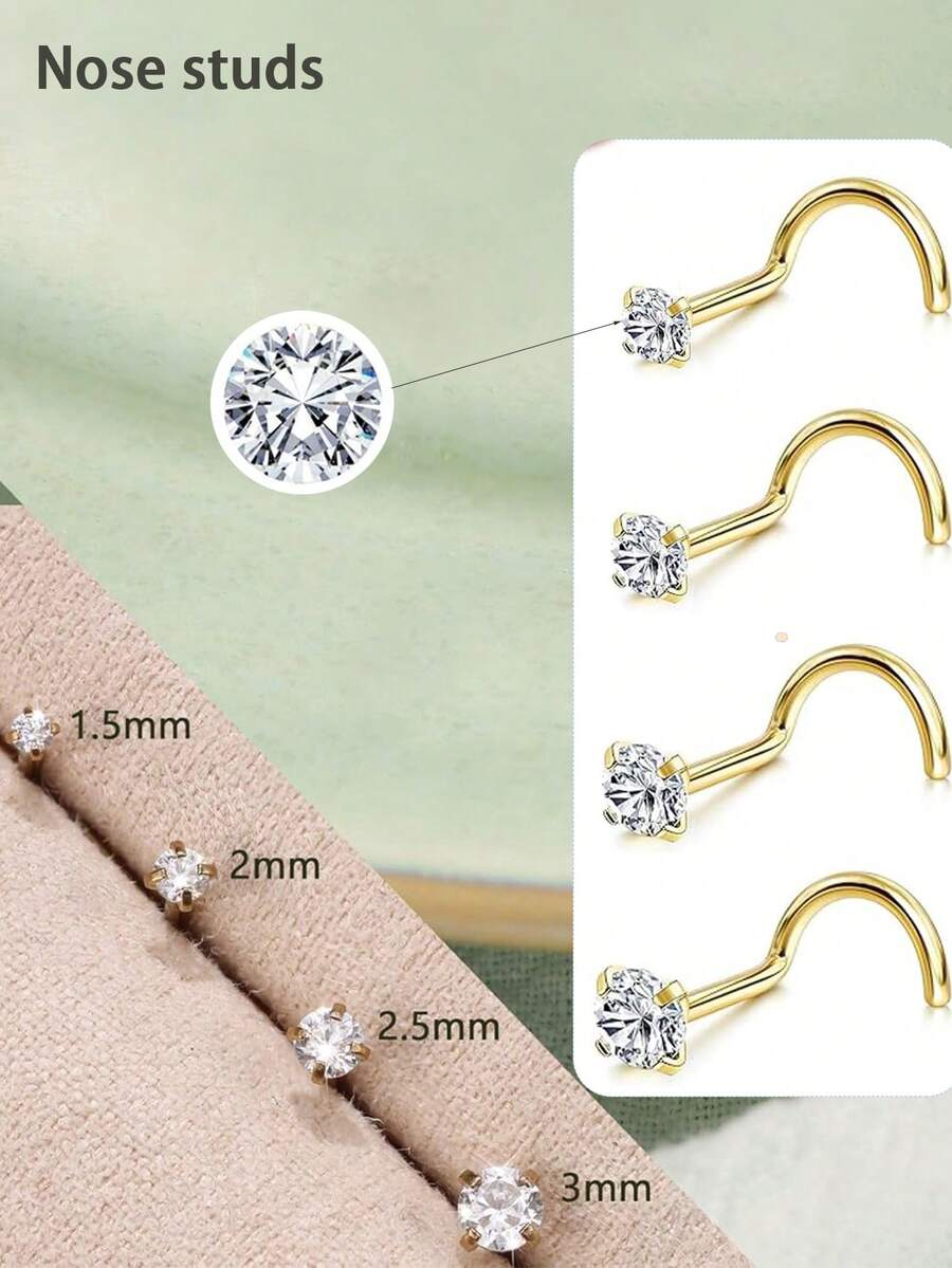 Stainless Steel Cubic Zirconia Nose Stud Set (1.5/2/2.5/3mm Silver & Gold) - Hypoallergenic Body Jewelry For Daily Wear, Parties & Special Occasions - Gold - View 1