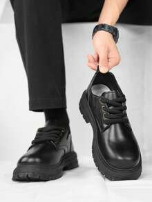 Men's Vintage Workwear Style Thick Sole Boots, Lace-Up PU Leather Material, Campus Back To School Season Outdoor Casual Versatile Boots - Black - View 5