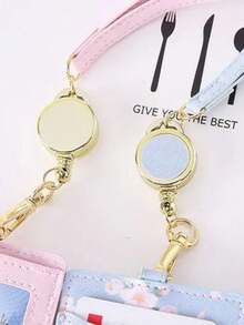 1pc Sakura Pattern Retractable Badge Hanging Rope PU Material Floral Pattern ID Card Holder Portable Cute Floral Pattern Storage Card Clip - Multicolor - View 5