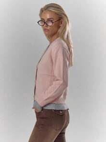 Contrast Trim Button Front Cropped Cardigan, V Neck Long Sleeve Rib Knit, Pink Elegant Casual Fall Clothes For Women, Soft Everyday Layering Top - Pink - View 4