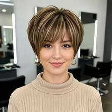 Premium Human Hair Short Pixie Cut Wig For Women, Layered Short Pixie With Bangs, No Lace No Glue Fully Machine Woven, Soft Rose Mesh Cap, Suitable For Daily Summer New Style Fashion 4/27 Highlighted Human Hair Wig - Multicolor - View 3