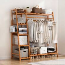 LIVINGANDHOME 110/130cm Width Bamboo Bedroom Garment Clothes Rack With Storage Shelves And Hanging Rail,Garment Rack,Bamboo Clothes Rail,Clothing Standing Rack For Bedroom Hallway Entryway - Brown - View 2