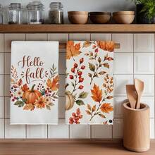 2件組廚房毛巾 秋季 Hello Fall 南瓜花環圖案印花 40*60cm 簡約風格長方形超細纖維廚房毛巾、洗碗布、桌布、手巾，感恩節廚房裝飾、家居裝飾、鄰居喬遷禮物，適用於廚房與浴室使用，適合家庭主婦與家庭聚會禮物，居家必需品 - 彩色 - 查看 9