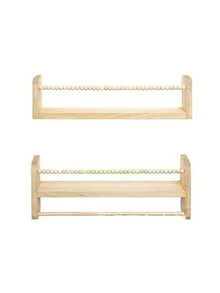 Wavy Edge Beaded Wooden Floating Wall Shelf With Hooks, Cute Baby Room Display & Storage Rack For Baby Books, Toys, Clothes And Decor - Multicolor - View 20