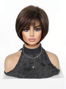 8 Inch Brown Highlight Short Bob Wig With Bangs For Women, Heat Resistant Synthetic Machine Made Wig, Beginner Friendly Ladies Wig, Great For Daily Wear, Halloween, Christmas, Music Festivals, Cosplay, Ideal Festival Gift For Girls For Ramadan & Eid - Multicolor - View 3