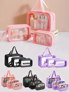 1 Or 3pcs S/M/Purple/Black/White/Blue PVC Makeup Bag, Transparent Large Capacity Bath Bag, PU Waterproof Portable Toiletry Bag, Travel Makeup Bag, Portable Makeup Bag, Women's Toiletry Bag, Waterproof Makeup Bag, Wash Bag, Multi-Functional Travel Storage Bag - Pink - View 1