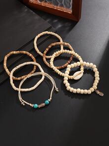 7pcs/Set Bohemian Coconut Shell & Shell Beaded Bracelets, Turquoise Fish & Pineapple Pendant Layered Bracelets, Men's Beach Vacation Jewelry - White - View 4