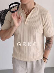 GRKC Men's Henley Collar Short Sleeve Knit Fabric Slim Fit Commuter Style Vertical Ribbed Solid Color Knit Top Spring/Summer - Apricot - View 1