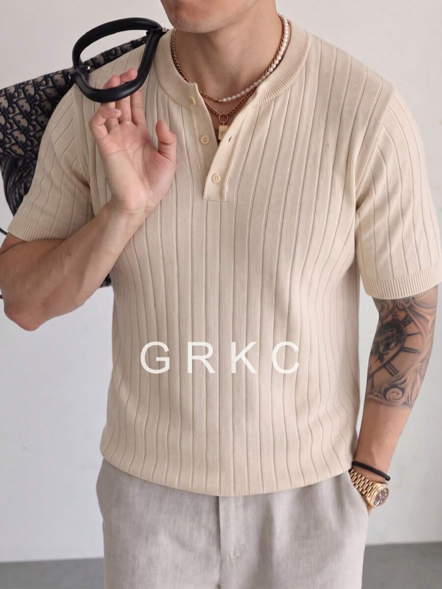 GRKC Men's Henley Collar Short Sleeve Knit Fabric Slim Fit Commuter Style Vertical Ribbed Solid Color Knit Top Spring/Summer - Apricot - View 1
