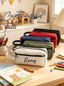 Embroidered Personalized Custom Name Canvas Pencil Case, Portable Handheld Large Capacity Zipper Stationery Bag, Multi-Color Simple Pencil Pouch, Customized Text Back To School Supplies Gift - Multicolor - View 2