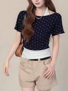 Kaos Wanita Lengan Pendek Musim Panas Terbaru dengan Leher Halter Patchwork dan Atasan Polkadot, Potongan Acak - Navy Blue - View 5