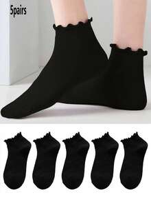 1/3/5/10 pares de calcetines cortos para mujer de color liso, estilo japonés dulce y lindo, con ribete de volantes, moda minimalista - Negro - Ver 10