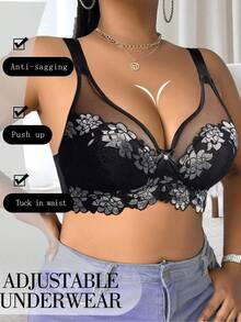 1pc Plus Size Lace Patchwork Wireless Seamless Bra, Suitable For Daily Wear In Various Occasions - Black - View 4