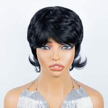 Short Straight Mullet With Bangs Short Pixie Cut Wigs For Women Brazilian Remy Hair Wig 6inch 180% Density Machine Made Glueless Wig For Halloween Natural Color For Daily Wear - Natural Black - View 4