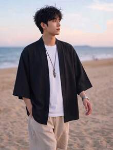 男士和服風寬鬆休閒開襟和服襯衫，100%聚酯纖維，輕盈透氣飄逸面料，純色百搭單層，休閒美學 | 飄逸面料 - 黑色 - 查看 2