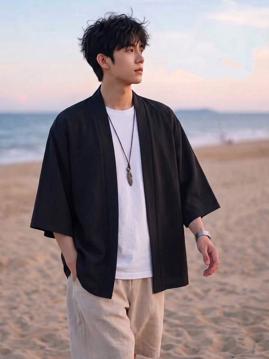 男士和服風寬鬆休閒開襟和服襯衫，100%聚酯纖維，輕盈透氣飄逸面料，純色百搭單層，休閒美學 | 飄逸面料
