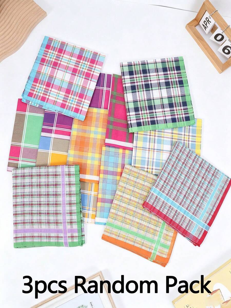3pcs Women's Colorful Plaid Cotton Handkerchiefs/Handkerchiefs Suitable For Daily/Casual/Animal/Activity Party Small Square Towels 43*43cm - Multicolor - View 1