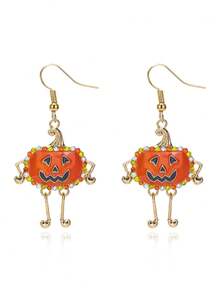 1 Pair Halloween Cute Rhinestone Pumpkin Earrings With Hands On Hips, Suitable For Holiday Party Wear, Holiday Gift - Multicolor - View 3