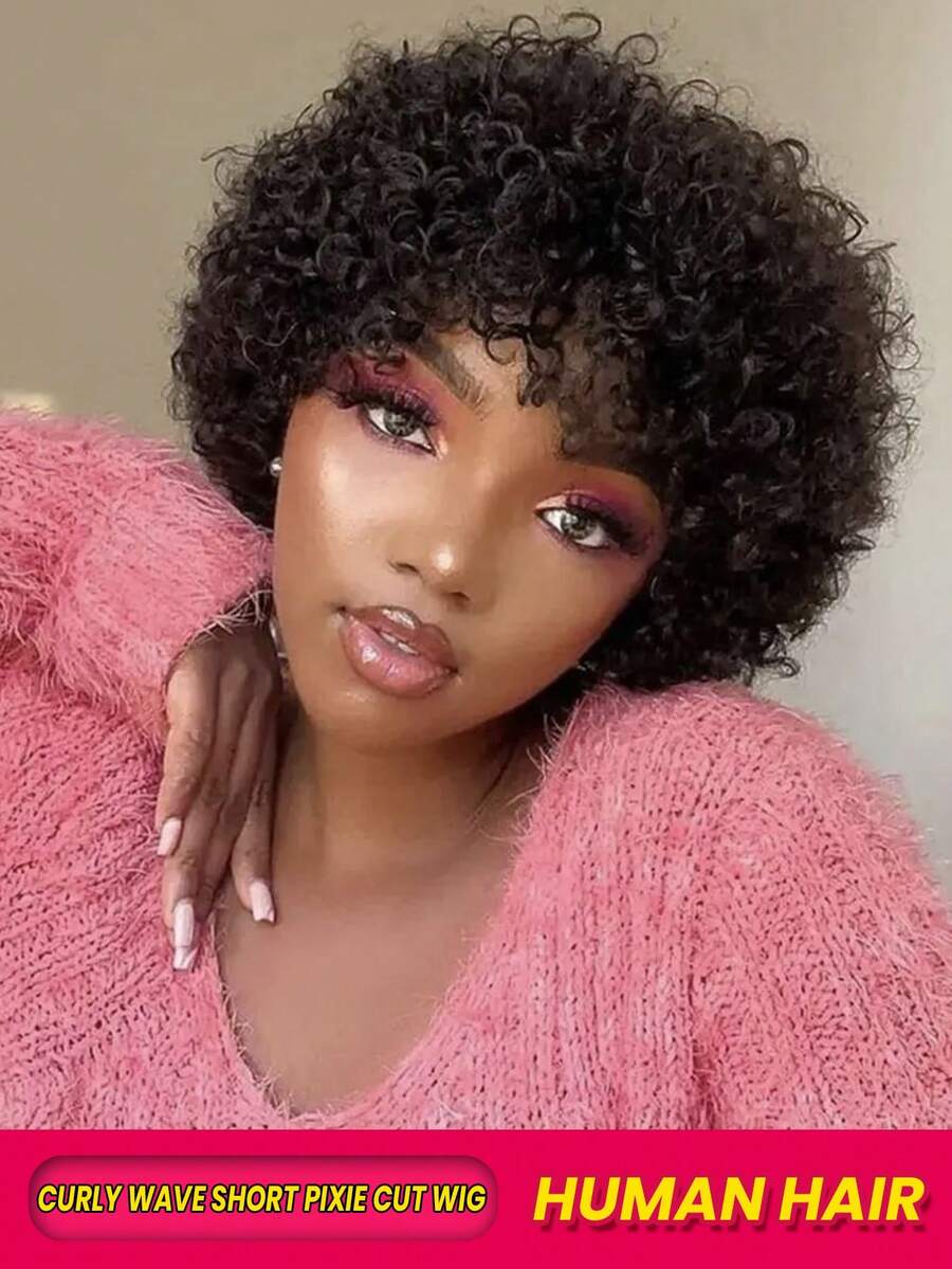 Natural Black Short Kinky Curly Pixie Cut Human Hair Wig With Fringe Bangs Glueless Remy Hair Wig For Women Daily Party Use - SNatural - View 1