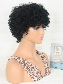 Natural Black Short Kinky Curly Pixie Cut Human Hair Wig With Fringe Bangs Glueless Remy Hair Wig For Women Daily Party Use - SNatural - View 3