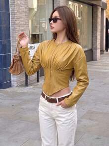 Chic Women's Faux Leather Long Sleeve Top, Round Neck Corset Design, Perfect For Autumn Vintage-Look Styling - Green - View 3