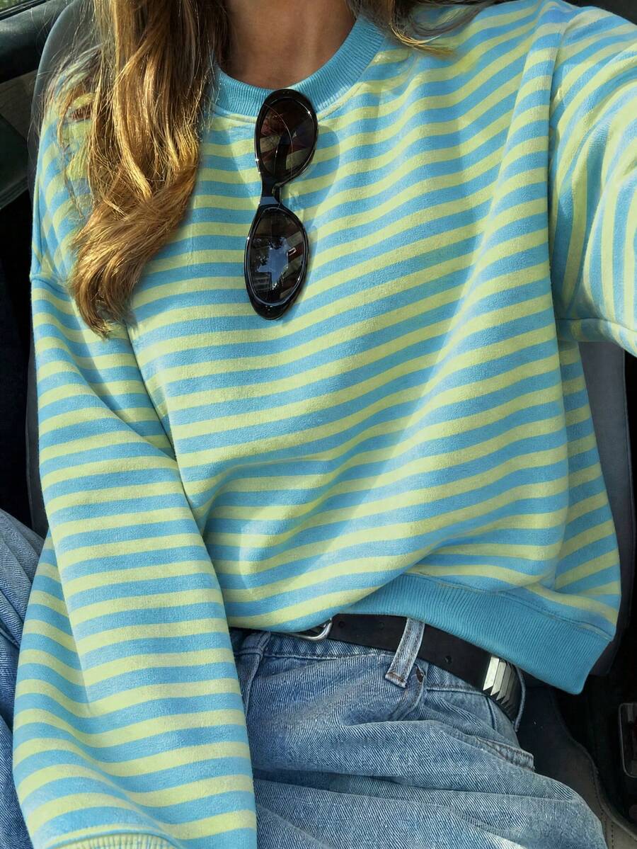 1pc Women's Short Long Sleeve T-Shirt, Yellow & Blue Striped Print, Fresh Korean Style White Casual Fall