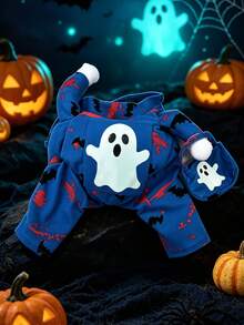 1 Set Blue Polyester Printed Pet Clothing With Glowing Ghost Pattern, Including Dog Outfit And Dog Hat. Happy Puppy Cat Dog Clothes, Halloween Limited Edition Glowing Costume, Suitable For Small To Large Dogs. - Blue - View 7