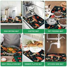 1pc Colorful Mushroom Kitchen Countertop Mat, Black Floral Pattern Diatomaceous Earth Absorbent Drainage Mat, Non-Slip Coffee Machine Mat And Dish Drying Mat - Multicolor - View 8