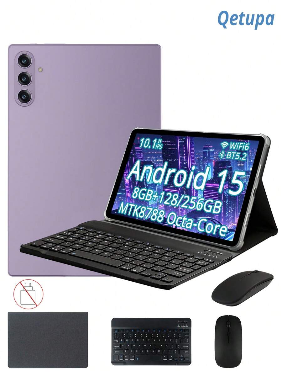 Qetupa 10.1-Inch Android 15 Tablet With Case, Keyboard, And Mouse, 8GB RAM + 128GB/256GB ROM (Supports 1TB SD Card Expansion), HD (1280x800) IPS Touchscreen, 5MP Front Camera And 13MP Rear Camera, 6000mAh Battery (Charging Adapter Not Included) - Purple - View 1