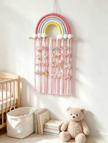 Woven Rainbow Hair Clip Wall Storage Decor, Tassel Hair Accessory Storage Rack, Girls Nursery Wall Hanging Bow Storage Rack - Multicolor - View 6