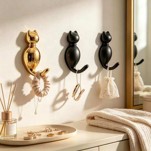 Ganchos de pared de metal con forma de gato lindo, perchas de montaje en pared sin perforación de fácil instalación, ganchos colgantes de gato duraderos y resistentes para baño, ducha, armario, dormitorio, entrada, sombrero, toalla, llave, bolsa, almacenamiento y decoración del hogar