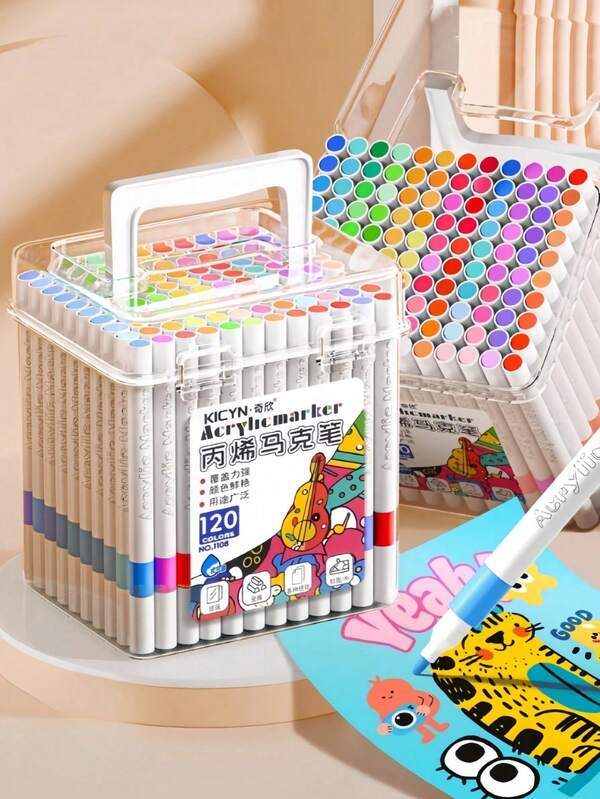 Juego De Marcadores Acrílicos Portátiles 120 Colores En Cubo Para Estudiantes Pequeño Artista Suministros Arte Oficina Graffiti Escritura Manualidades DIY Adultos Creación Tarjetas Regalos Cumpleaños