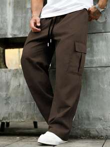 Plus Size Men's Solid Color Cargo Pants, Loose Straight Leg, Multi-Pocket, Outdoor Sports, Commute, Casual, Spring/Autumn - Brown - View 2