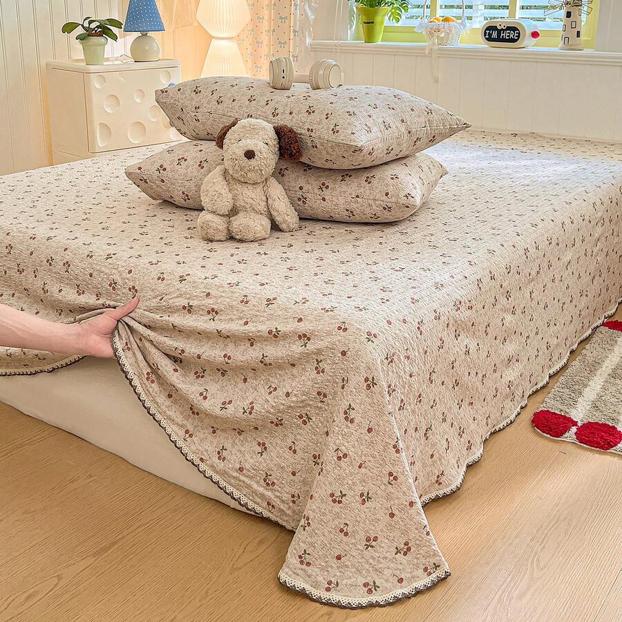 3-Piece Lace Bed Sheet Set, Floral Print Design, Crochet Lace, British Country Style, Suitable For Single Bed, Double Bed, Student Bed - Beige - View 1