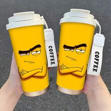 1/5 pièces Gobelet à café en acier inoxydable 18oz, Tasse de voyage avec impression de visage de mème aux bras croisés grincheux sur fond jaune, Couvercle à paille multifonction, Sangle de cou en argent COFFEE, Cadeau idéal pour les amateurs de mèmes et les amis sarcastiques, Convient pour le bureau quotidien - Mème tsundere - Voir 6