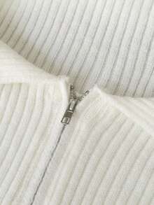 Women's One-Shoulder Notched Lapel Zipper Knit Sweater With Set-In Sleeves Long Sleeve Short Cardigan Casual Commute Leisure Outfit, Fall Winter - White - View 9