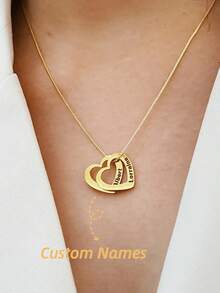 Women's Customized Name Necklace, Stainless Steel Heart-Shaped Engraved Name, 1-8pcs Name Pendant Necklace Set, Family Jewelry Necklace, 3 Chain Options, Necklace, Girlfriend Gift, Birthday Gift, Anniversary Gift, Valentine's Day Gift, Silver, Fashion, Colorful, Vintage, Minimalist, Unisex, Casual, Cute, Customizable, Personalized, Unique, Ideal Gift For Him, Ideal Gift For Her - Gold - View 2