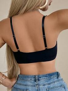 1pc Women's Elegant Lace Patchwork Knit Fabric Wire-Free Padded-Free Comfortable Front Closure Bra - Black - View 3
