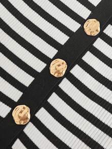 Women's Long Sleeve Front Button-Down Single Button Striped Pattern Detail Round Neck Elegant Casual Blouse, Suitable For All Seasons Fall - Multicolor - View 7