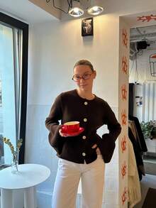 Dark Brown Round Neck Knit Cardigan For Women, Unique Flared Long Sleeve Design, Minimalist White Button Short Slim Fit, Spring/Autumn Gentle Slimming Outerwear Knit Sweater - Coffee Brown - View 2