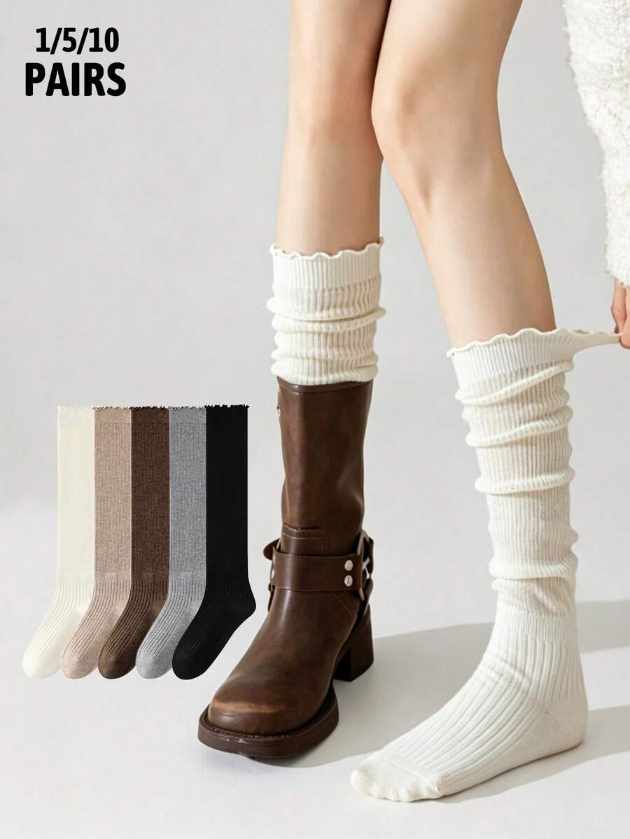 1/5/10Pairs Fall Basic Ruffle Edge Stackable Knee Socks, Preppy Student Long Socks For Boots Back To School - Multicolor - View 1