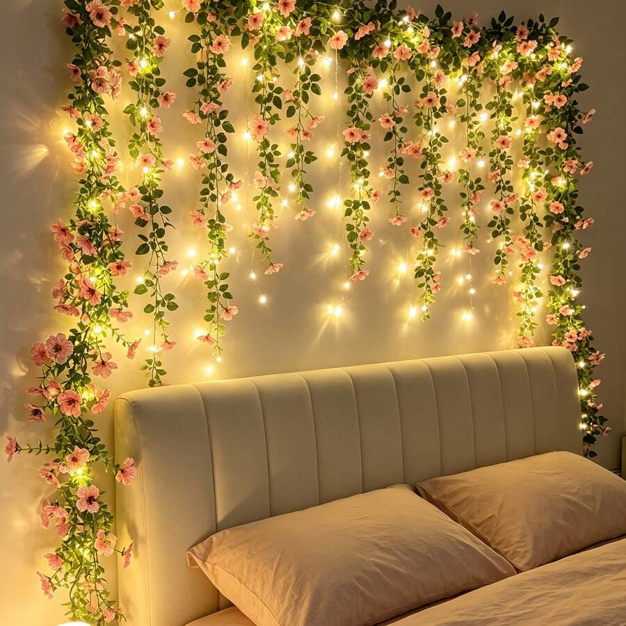 1PC 2M/6.56Ft 20LEDS New Simulation Hanging Plant, Pink Roland Eucalyptus Leaf Vine Light String, Fairy String Light. Suitable For Wedding Party Decoration, Christmas, Table Decoration, Holiday Gifts, Battery Box Power Supply (Battery Not Included) - Pink - View 1
