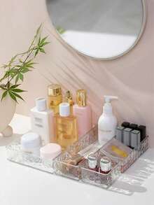 3Pcs Water Ripple Clear Plastic Storage Organizer Set, Divided Multi-Grid Cosmetic Storage Box, Glacier Texture Desktop Vanity Makeup Skincare Lipstick Jewelry Stationery Storage Tray For Bathroom Dresser Countertop - Glacier Pattern - View 6