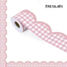 5M/16.4Ft Pink Plaid Scalloped Edge Bulletin Board Border Stickers, Suitable For Party Decoration, Border Sticker Roll, Seasonal Classroom Theme, Party Tabletop Decoration, Dessert Display Board Decoration, Wedding, Halloween, Thanksgiving - Pink Plaid - View 3